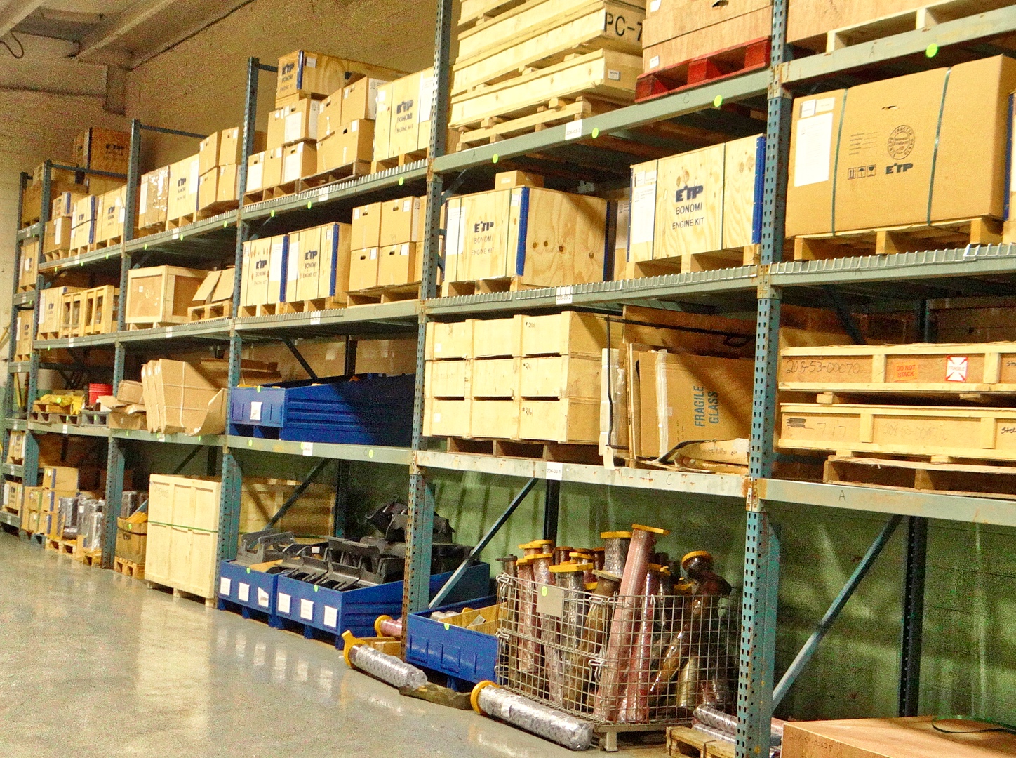 Upgraded 200 pallet rack section in warehouse for ETP kits 